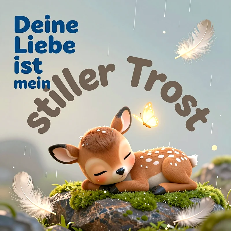Ein niedliches Rehkitz schläft friedlich auf einem moosbedeckten Felsen, während ein leuchtender Schmetterling und zarte Federn im sanften Licht schweben. Darüber steht geschwungen der Spruch Deine Liebe ist mein stiller Trost.