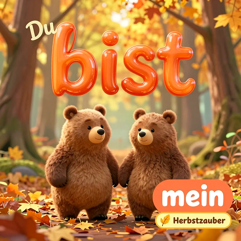 Zwei flauschige Cartoon-Bären stehen eng beieinander in einem sonnendurchfluteten Herbstwald, umgeben von buntem Laub, mit dem Text Du bist mein Herbstzauber in freundlicher Typografie über den Köpfen.