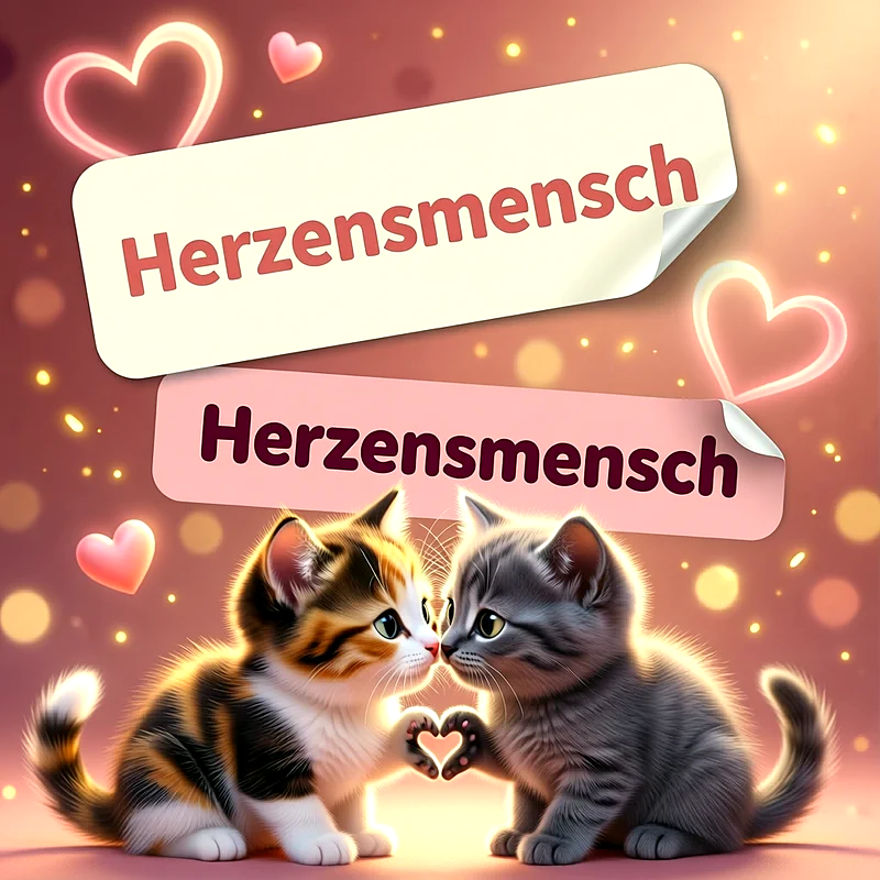 Zwei kleine Katzen sitzen einander gegenüber vor einem warmen, rosa Hintergrund mit leuchtenden Herzen und bilden mit ihren Pfoten eine Herzform, darüber zwei Notizzettel mit der Aufschrift Herzensmensch.