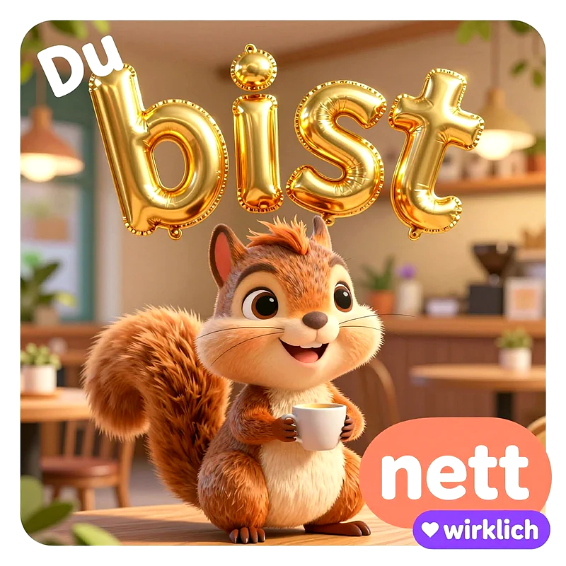Niedliches 3D-Eichhörnchen mit Kaffeetasse in einem Café unter goldenen Luftballon-Buchstaben mit dem Spruch Du bist nett wirklich.