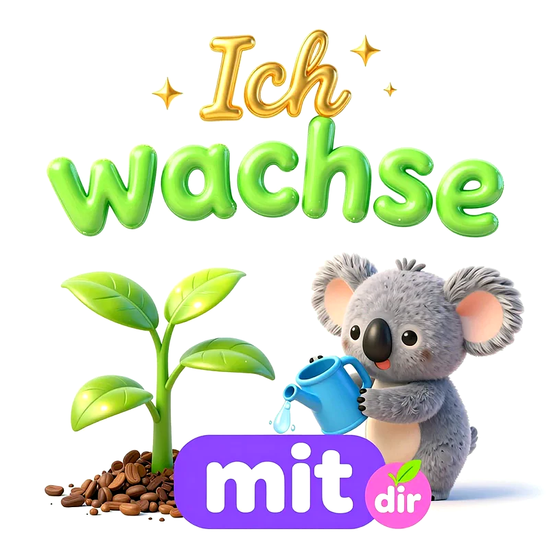 Ein flauschiger Koala gießt eine kleine grüne Pflanze aus einer blauen Gießkanne. Über dem Motiv steht in großen Buchstaben der Text Ich wachse mit dir, isoliert auf weißem Hintergrund.