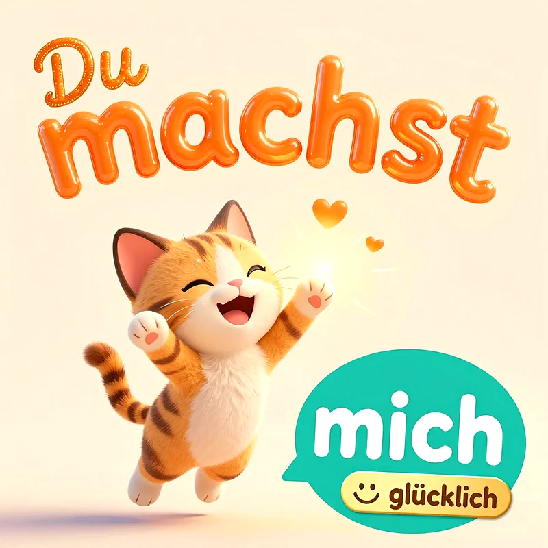 Ein animiertes, fröhliches getigertes Kätzchen springt freudig in die Luft, umgeben von kleinen leuchtenden Herzen, mit dem Text Du machst mich glücklich in einer verspielten und bunten Schriftart gestaltet.