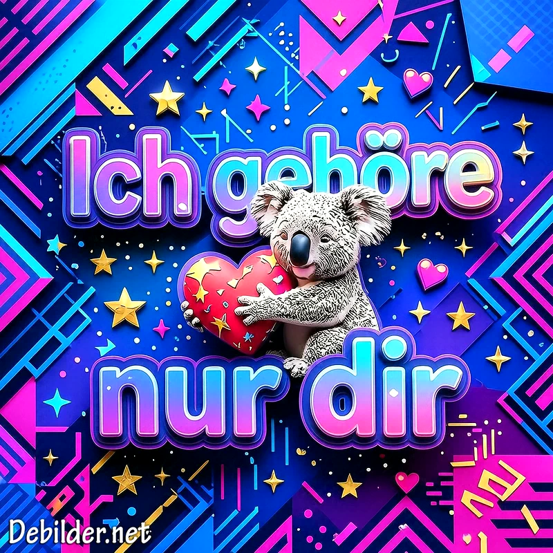 Ein flauschiger Koala hält liebevoll ein rotes Herz in seinen Armen vor einem leuchtenden, blauen Hintergrund mit Sternen, geometrischen Mustern und der verspielten Aufschrift Ich gehöre nur dir.