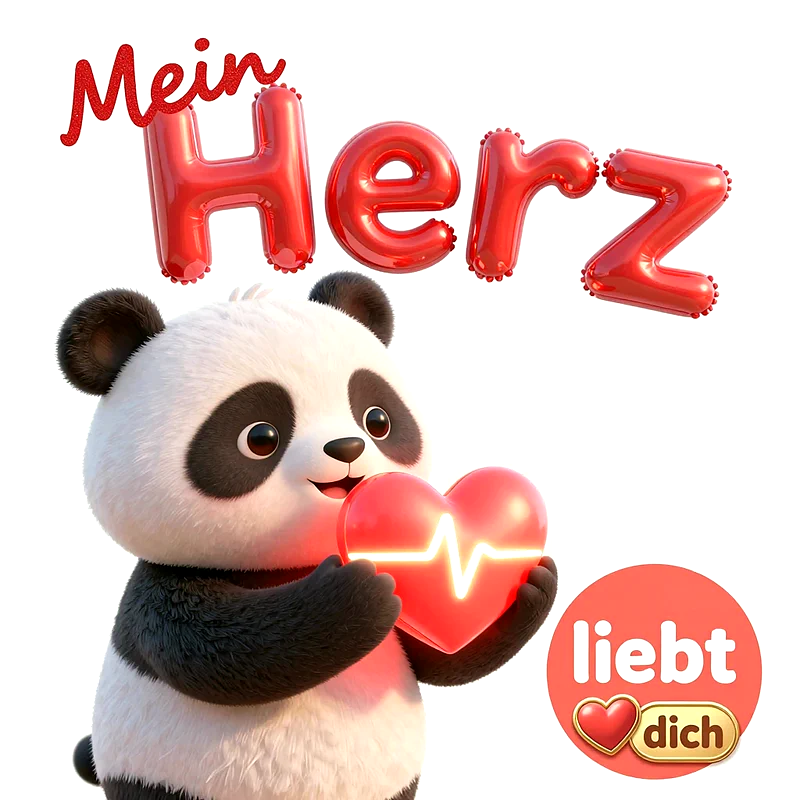 Ein niedlicher dreidimensionaler Panda hält ein leuchtendes rotes Herz mit Herzschlaglinie fest. Darüber schwebt der Schriftzug Mein Herz aus roten Luftballons auf weißem Hintergrund.