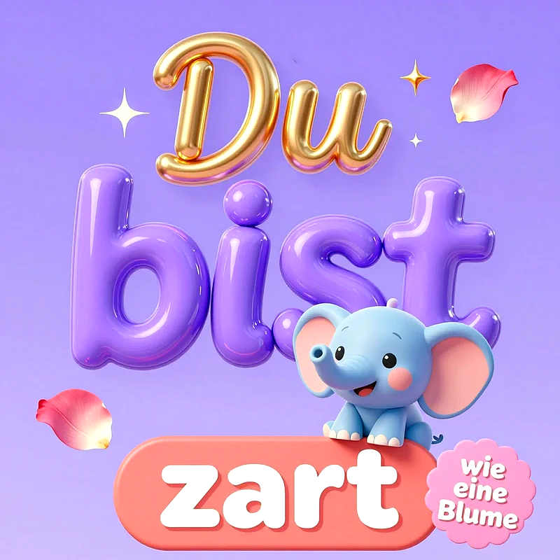 Ein niedlicher kleiner blauer 3D-Elefant sitzt vor lilafarbenen und goldenen 3D-Buchstaben mit der liebevollen Aufschrift Du bist zart wie eine Blume, umgeben von schwebenden rosa Blütenblättern.