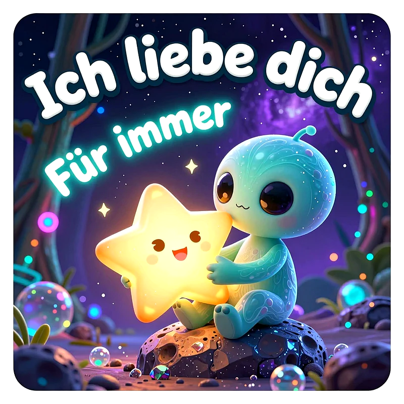 Niedliches kleines blaues Wesen sitzt unter dem Sternenhimmel auf einem Stein und hält einen leuchtenden, lächelnden gelben Stern. Darüber steht der Schriftzug Ich liebe dich Für immer.