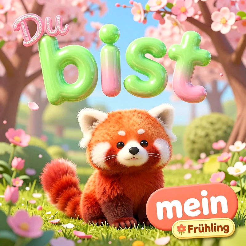 Ein niedlicher roter Panda sitzt auf einer grünen Frühlingswiese unter blühenden Kirschbäumen. Darüber steht in bunten 3D-Buchstaben der romantische Spruch Du bist mein Frühling.
