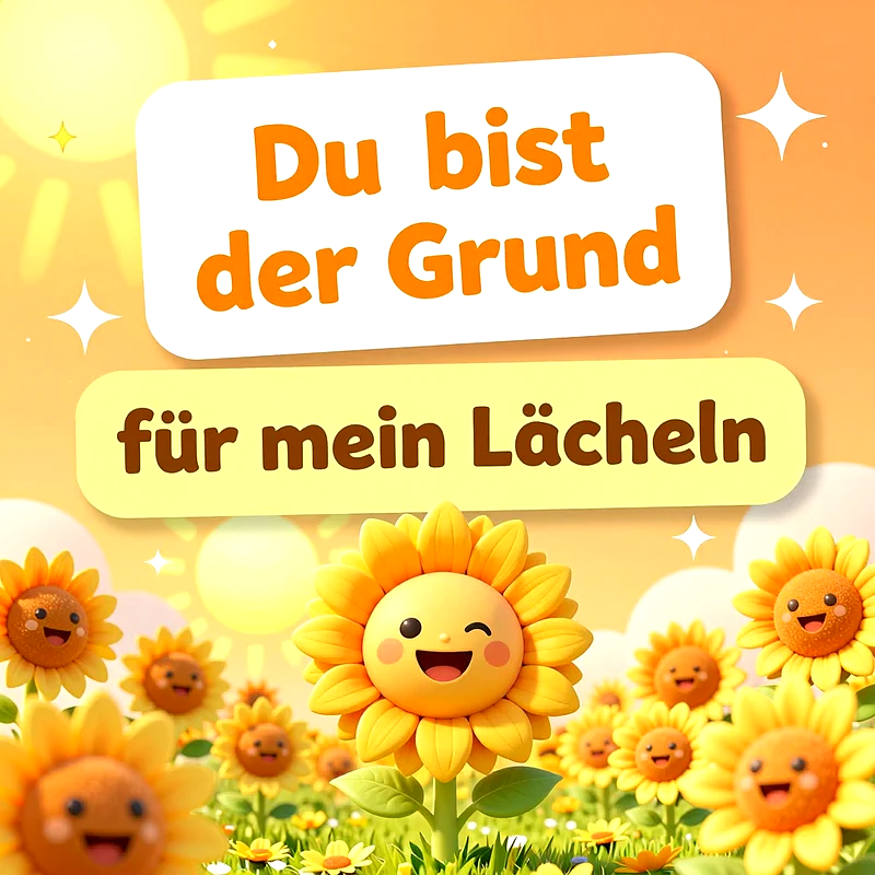 Eine fröhliche gelbe Sonnenblume zwinkert auf einem Feld voller lächelnder Blumen unter einer strahlenden Sonne mit den Textfeldern Du bist der Grund für mein Lächeln.