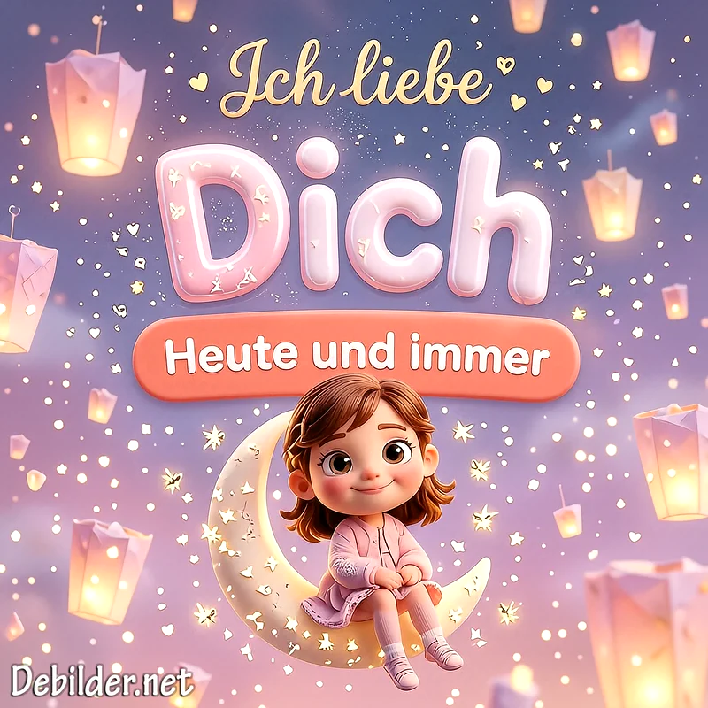 Ein niedliches Comic-Mädchen sitzt auf einem leuchtenden Sichelmond, umgeben von schwebenden Laternen und Funkeln, vor einem lila Himmel mit der Aufschrift Ich liebe Dich Heute und immer.
