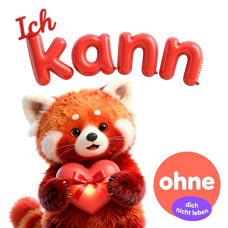 Ein niedlicher, flauschiger Roter Panda hält ein glänzendes rotes Herz mit Geschenkschleife in den Pfoten. Darüber steht in roten Luftballon-Buchstaben der Text Ich kann ohne dich nicht leben.