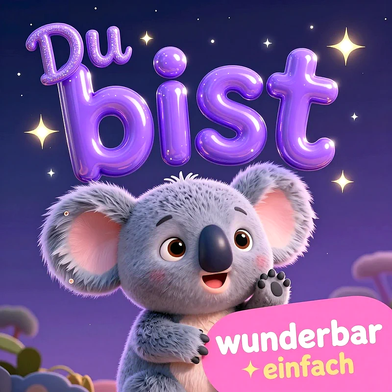 Niedlicher 3D-animierter Koalabär winkt vor magischem Nachthimmel mit lilafarbenem 3D-Schriftzug Du bist und einem rosafarbenen Schild mit der Aufschrift wunderbar einfach.