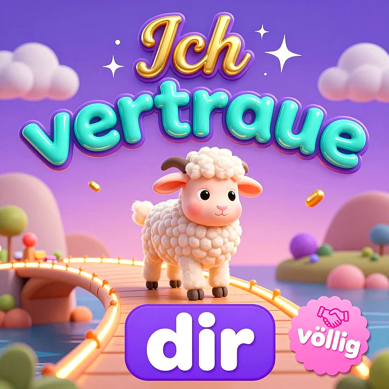 Niedliches, weißes Schaf im 3D-Comic-Stil steht auf einer beleuchteten Holzbrücke vor einer traumhaften Pastelllandschaft. Über dem Schaf steht der bunt gestaltete Schriftzug 'Ich vertraue dir völlig'.