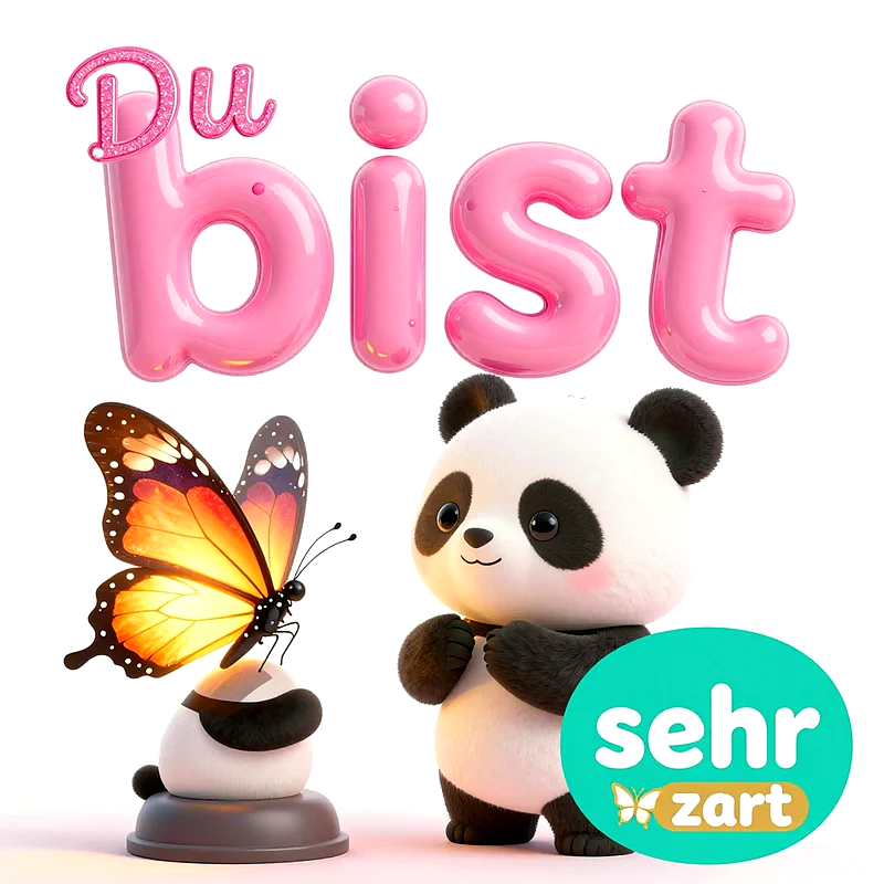 Ein niedlicher 3D-Panda blickt liebevoll auf einen leuchtenden Schmetterling, während rosa glänzende Buchstaben den Schriftzug Du bist bilden, ergänzt durch einen türkisfarbenen Kreis mit der Aufschrift sehr zart.