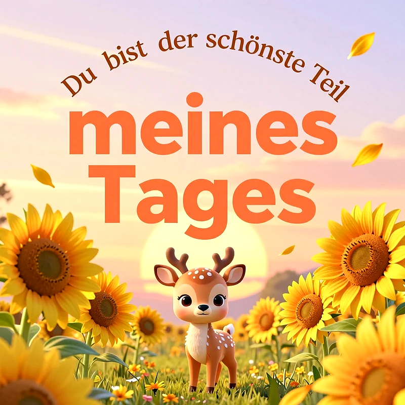 Ein cartoonartiges kleines Reh steht in einem sonnendurchfluteten Sonnenblumenfeld während eines sanften Sonnenuntergangs, umgeben von schwebenden Blütenblättern, die eine warme und romantische Atmosphäre erzeugen.
