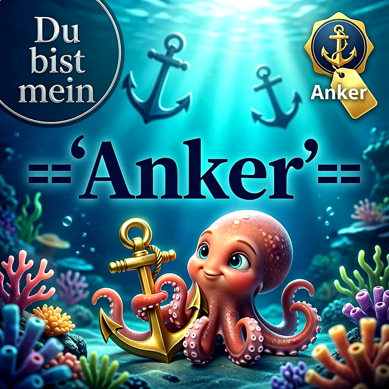 Ein niedlicher kleiner Krake sitzt am Meeresgrund zwischen bunten Korallen und hält einen goldenen Anker, während im Hintergrund der Schriftzug Du bist mein Anker erstrahlt.