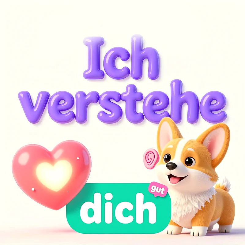 Niedlicher Corgi-Welpe in 3D-Optik neben einem leuchtenden rosa Herzen und lila Text mit der Aufschrift Ich verstehe dich gut auf hellem Hintergrund.