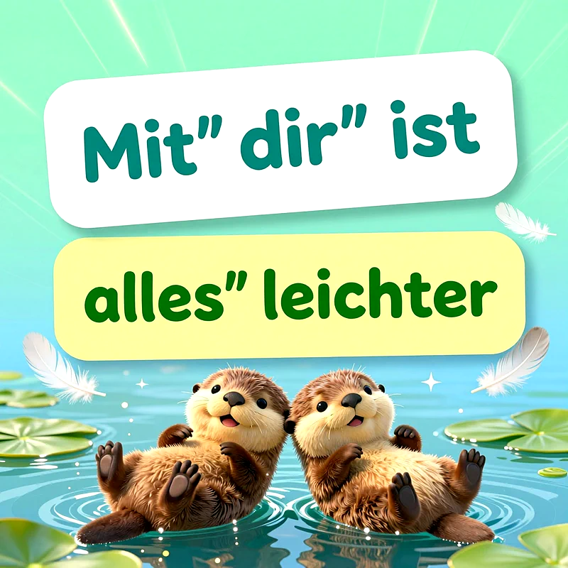 Zwei flauschige, niedliche Otter treiben glücklich auf dem Rücken in einem ruhigen Gewässer, umgeben von Seerosenblättern und kleinen weißen Federn vor einem hellen, mintgrünen Hintergrund mit weicher Beleuchtung.