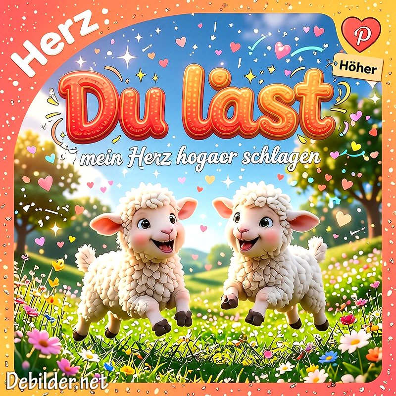 Zwei niedliche, weiße Schafkinder hüpfen fröhlich über eine blühende Sommerwiese unter einem blauen Himmel voller kleiner bunter Herzen und funkelnder Sterne.