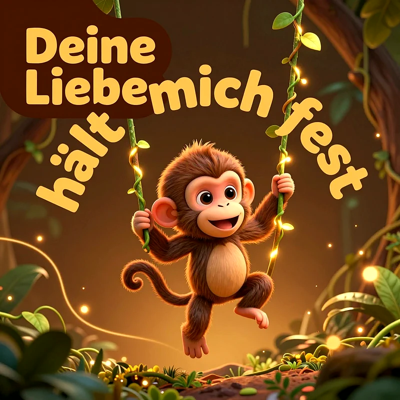 Ein niedliches kleines Äffchen schaukelt an Lianen mit leuchtenden Lichterketten im warm beleuchteten Dschungel. Gelber Text verkündet die romantische Botschaft über Geborgenheit.