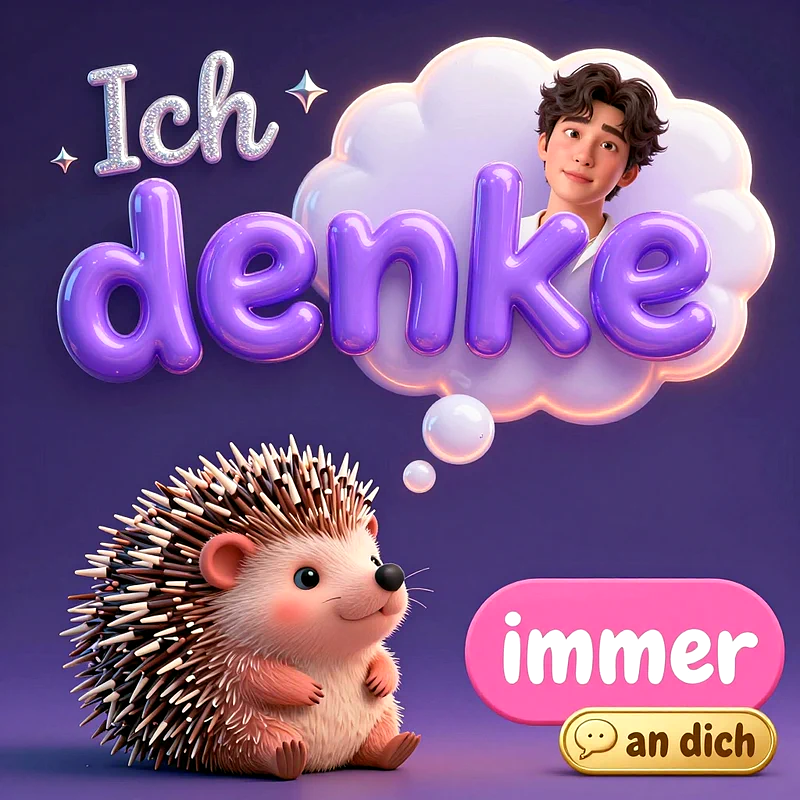 Niedlicher 3D-Igel im Comic-Stil sitzt auf violettem Hintergrund neben lila Buchstaben, einer Gedankensprechblase mit einem jungen Mann und der Aufschrift Ich denke immer an dich.