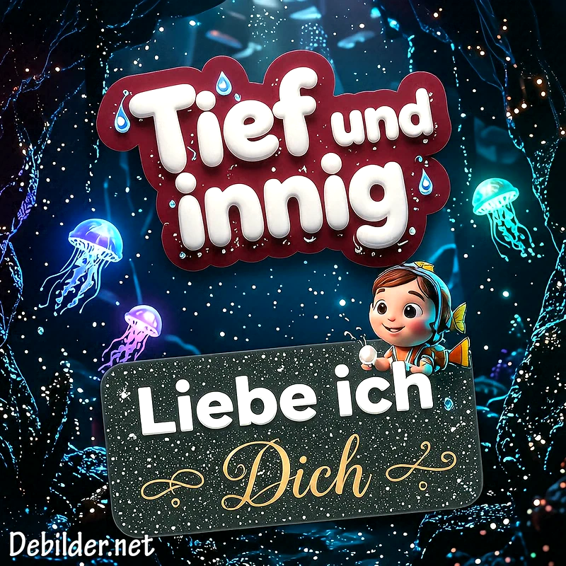 Magische Unterwasserwelt mit leuchtenden Qualmen, funkelnden Lichtpunkten und der Aufschrift Tief und innig Liebe ich Dich auf Schildern. Eine kleine niedliche Figur sitzt im Mittelpunkt.