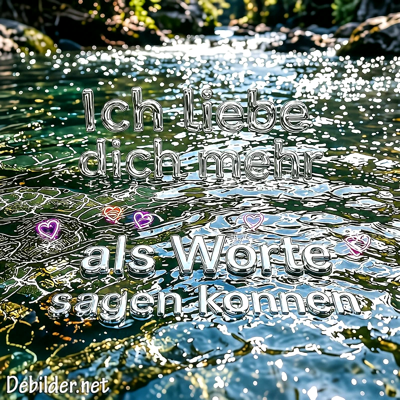 Glitzerndes, sonnendurchflutetes Flusswasser mit spiegelnden Wellen. Darüber schwebt eine metallisch glänzende Schrift mit kleinen, bunt leuchtenden Neon-Herzen auf der Wasseroberfläche.