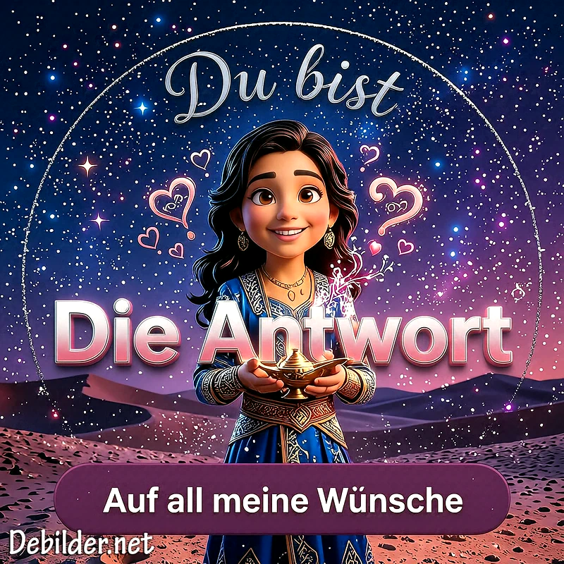 Eine lächelnde Frau im orientalischen Kleid hält eine leuchtende Wunderlampe unter einem funkelnden Sternenhimmel, während rosa Herzen in der Luft schweben.