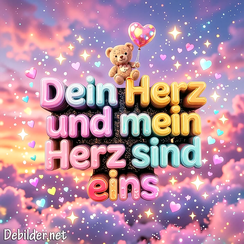 Bunte 3D-Buchstaben bilden einen romantischen Spruch vor einem pastellfarbenen Wolkenhimmel mit Funkeln, bekrönt von einem kleinen Plüschbären mit einem Herzballon.