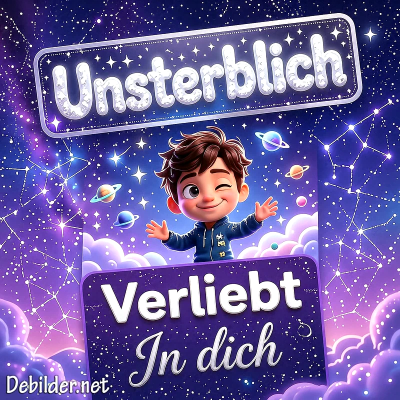 Ein kleiner Comic-Junge winkt lächelnd vor einem leuchtenden violetten Sternenhimmel mit Planeten, Sternbildern und flauschigen Wolken, umrahmt von der liebevollen Aufschrift Unsterblich Verliebt In dich.