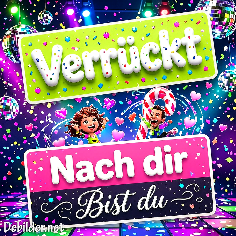 Farbenfrohe Partygrafik mit Discokugeln, bunter Konfettiregen, fliegenden Herzen und zwei tanzenden Comicfiguren. Auf bunten Schildern steht der Text Verrückt nach dir bist du.