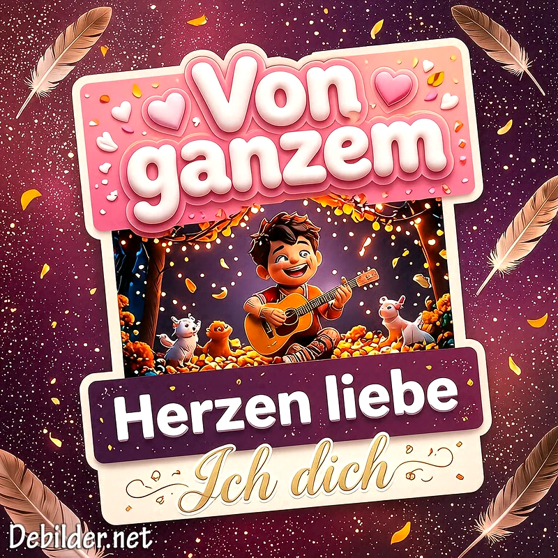 Eine Illustration mit einem fröhlichen Jungen, der Gitarre spielt, umgeben von kleinen Tieren im Herbstwald. Ein herzlicher Liebesspruch ist in dekorativen Textfeldern vor einem magischen, violetten Sternenhintergrund mit schwebenden Federn eingebettet.