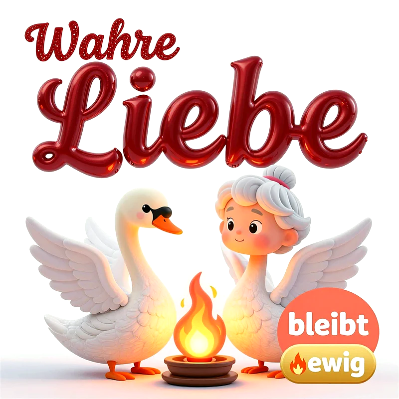 Zwei niedliche dreidimensionale Schwäne stehen neben einem kleinen Lagerfeuer, während der Schriftzug Wahre Liebe bleibt ewig in glänzenden roten und gelben Buchstaben erstrahlt.