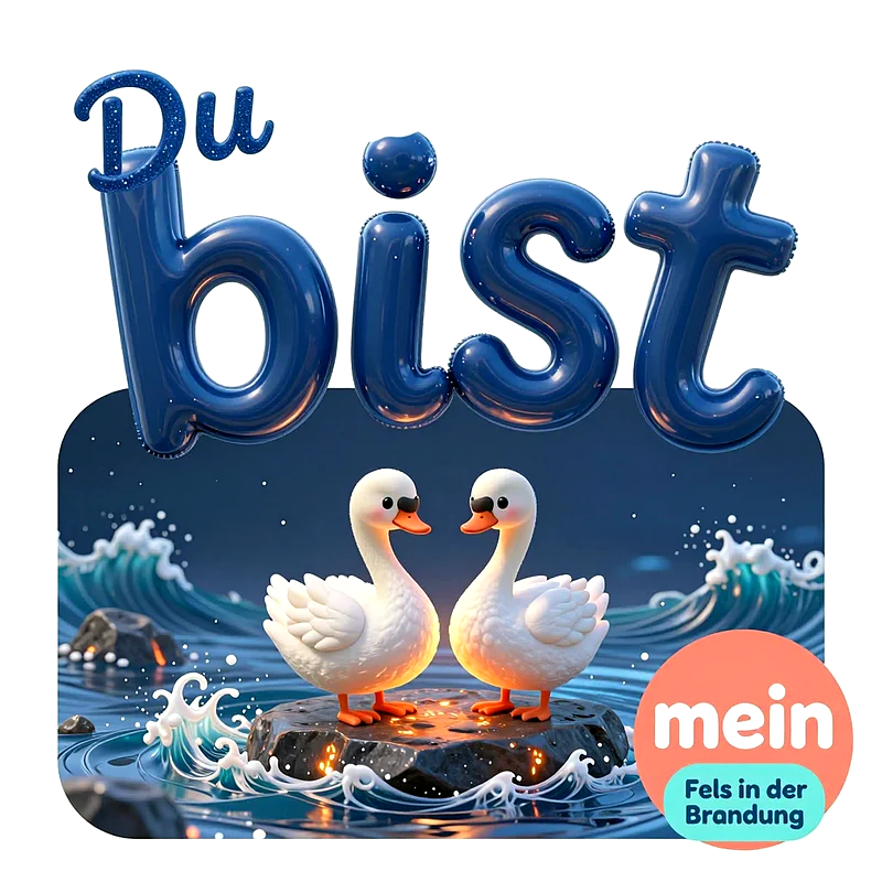 Zwei weiße Schwäne stehen eng umschlungen auf einem dunklen Felsen mitten im sanft schäumenden Meer unter dunkelblauem Nachtsternenhimmel mit glänzender blauer 3D-Schrift.