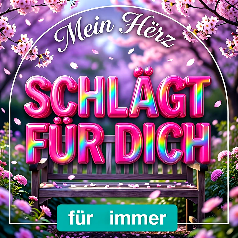 Eine hölzerne Gartenbank umgeben von rosa Kirschblüten und Blumen mit der bunten 3D-Aufschrift Mein Herz schlägt für dich für immer in einem verträumten Park.