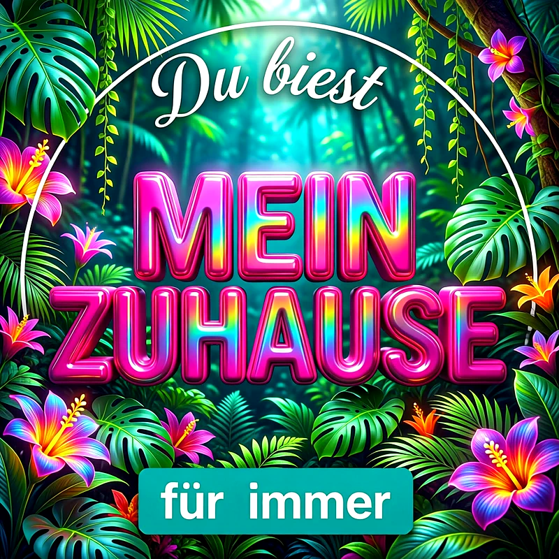 Farbenfrohes Motiv mit exotischen Dschungelpflanzen und pinken Blüten. In der Mitte steht in leuchtender 3D-Schrift der Spruch 'Du biest MEIN ZUHAUSE für immer'.