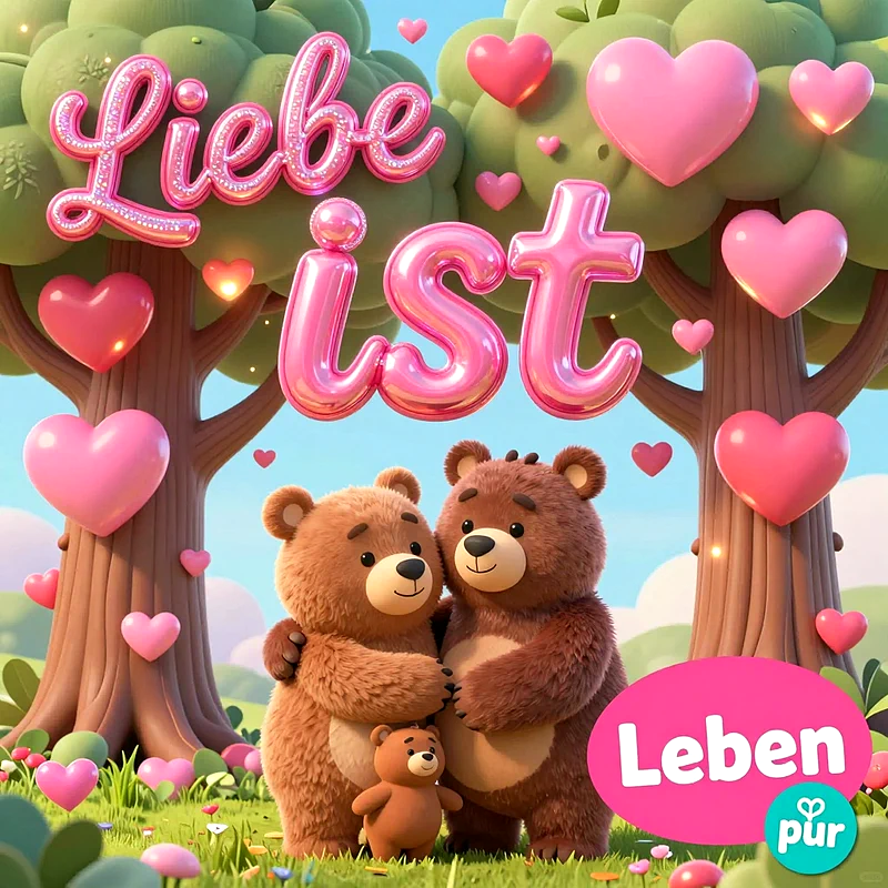 Zwei kuschelige Teddybären stehen eng umschlungen unter Bäumen, umgeben von vielen schwebenden rosa Herzen. Ein kleines Bärenkind steht davor, während der Schriftzug Liebe ist Leben den Hintergrund dominiert.