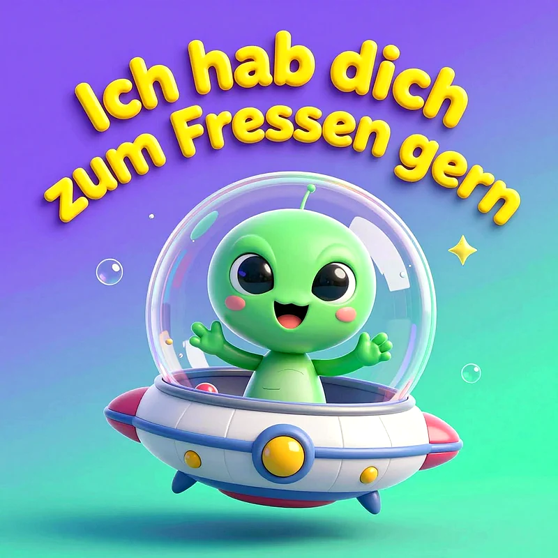 Ein niedliches, grünes Comic-Alien mit großen schwarzen Augen sitzt in einer gläsernen Ufo-Kuppel vor einem lila-türkisen Hintergrund. Über dem Wesen schwebt der gelbe Schriftzug Ich hab dich zum Fressen gern.