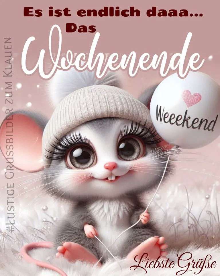 Ein niedliches, graues Mäuschen mit großen Augen und langen Wimpern, das einen Beanie trägt und einen Ballon mit der Aufschrift 'Weeekend' hält. Der Hintergrund ist rosa mit Schneeflocken.
