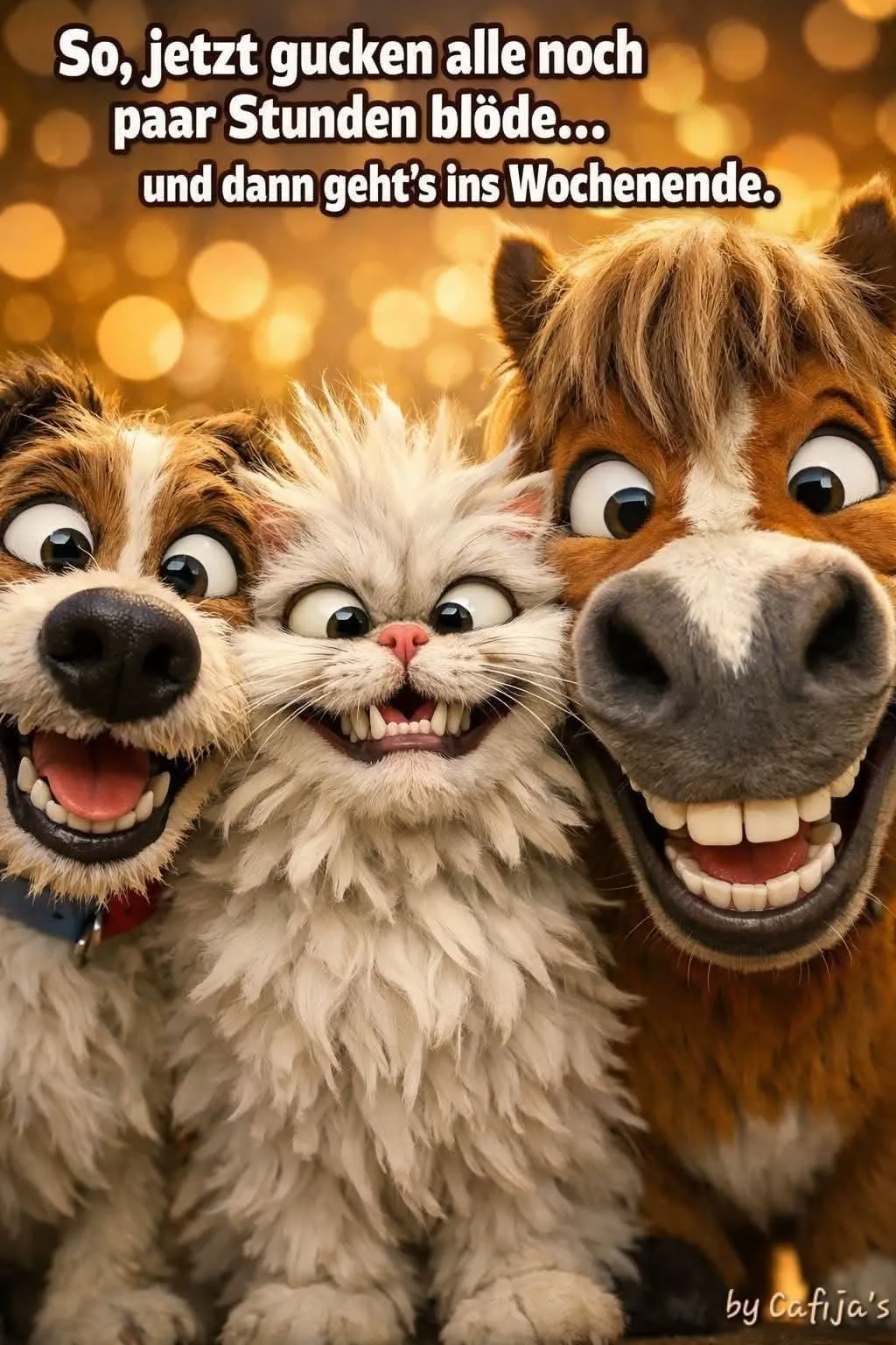 Ein Cartoon-Hund, eine Cartoon-Katze und ein Cartoon-Pferd lächeln vor einem goldenen, bokeh-ähnlichen Hintergrund.