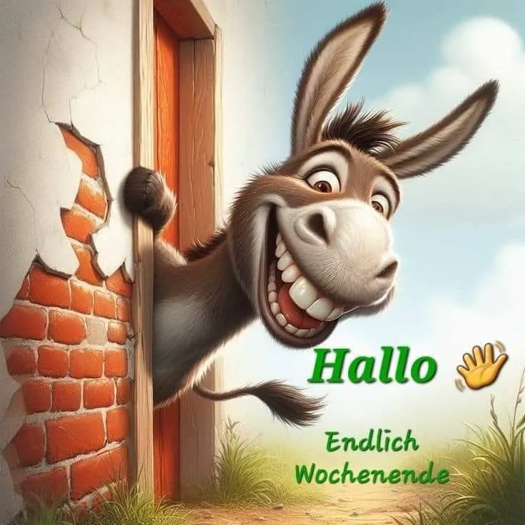 Ein fröhlicher Cartoon-Esel mit breitem Grinsen blickt neugierig aus einem kaputten Türrahmen. Er grüßt mit "Hallo Endlich Wochenende" unter blauem Himmel und grünen Grashalmen, verbreitet gute Laune.