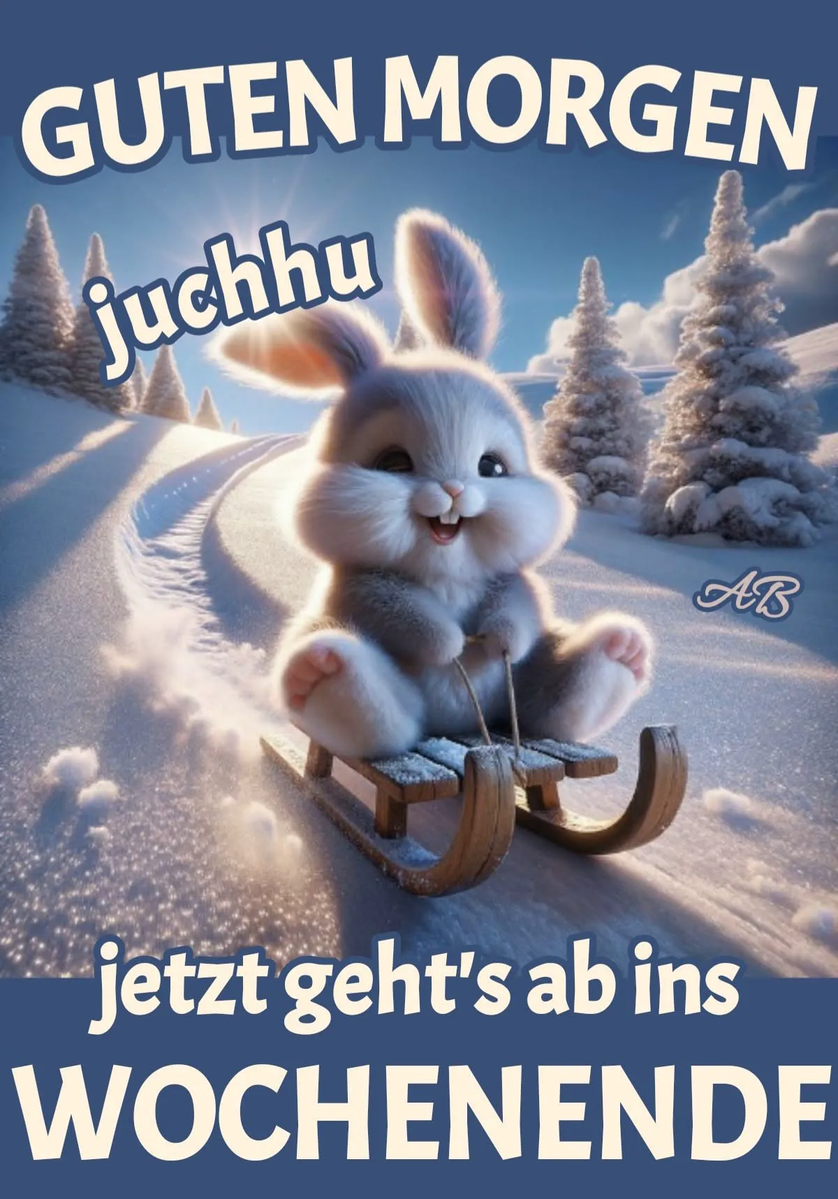 Ein Cartoon-Hase sitzt auf einem Schlitten in einer verschneiten Landschaft mit Bäumen und einem blauen Himmel
