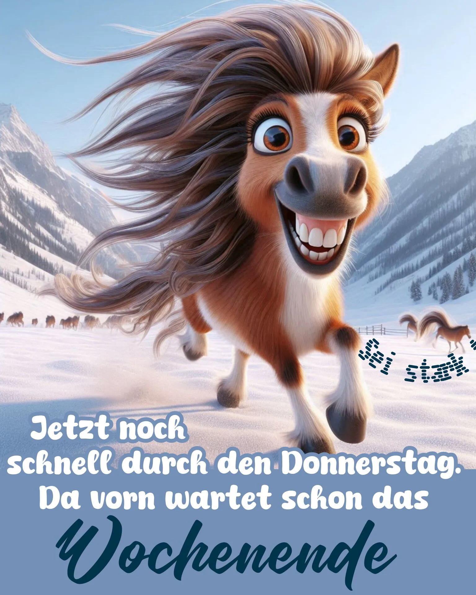 Ein fröhliches Pferd begrüßt das Wochenende