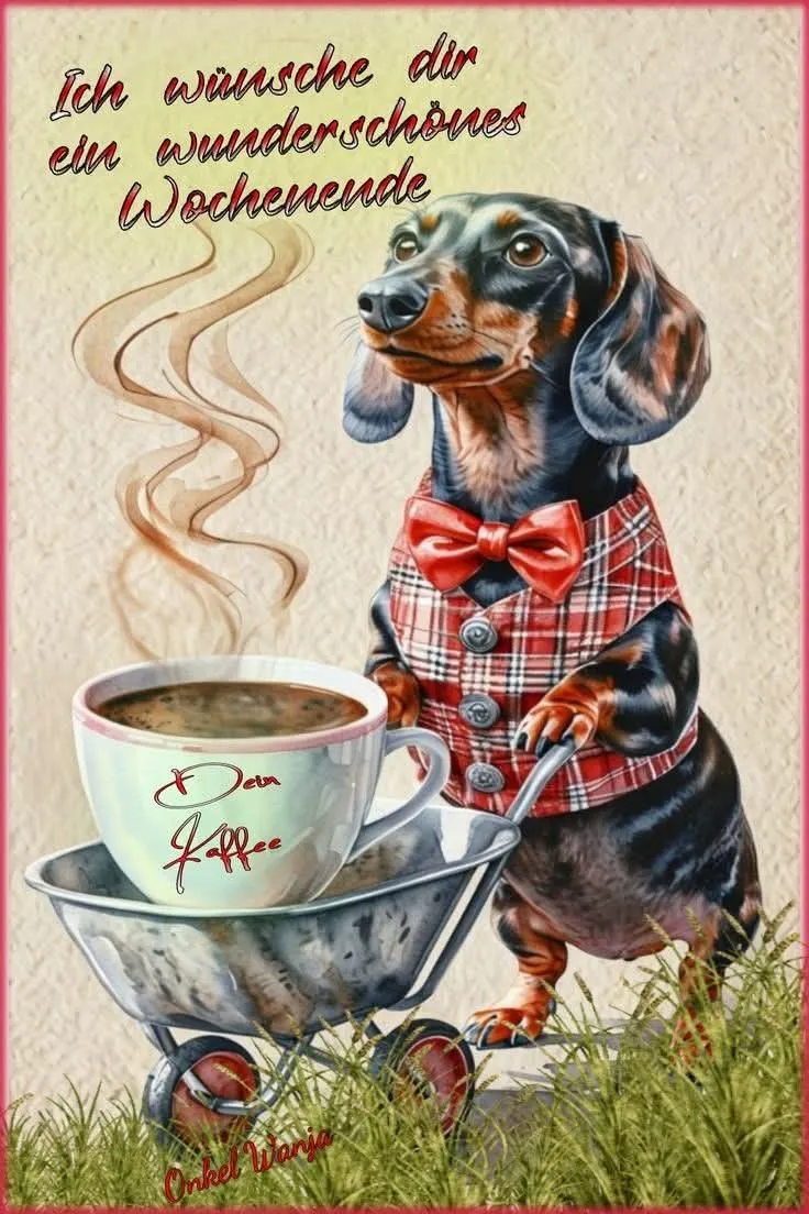 Ein niedlicher Dackel in rotem Plaid und roter Schleife steht neben einem alten Metallwagen mit einer Tasse Kaffee, aus dem Dampf aufsteigt. Der Dackel blickt freundlich in die Ferne.