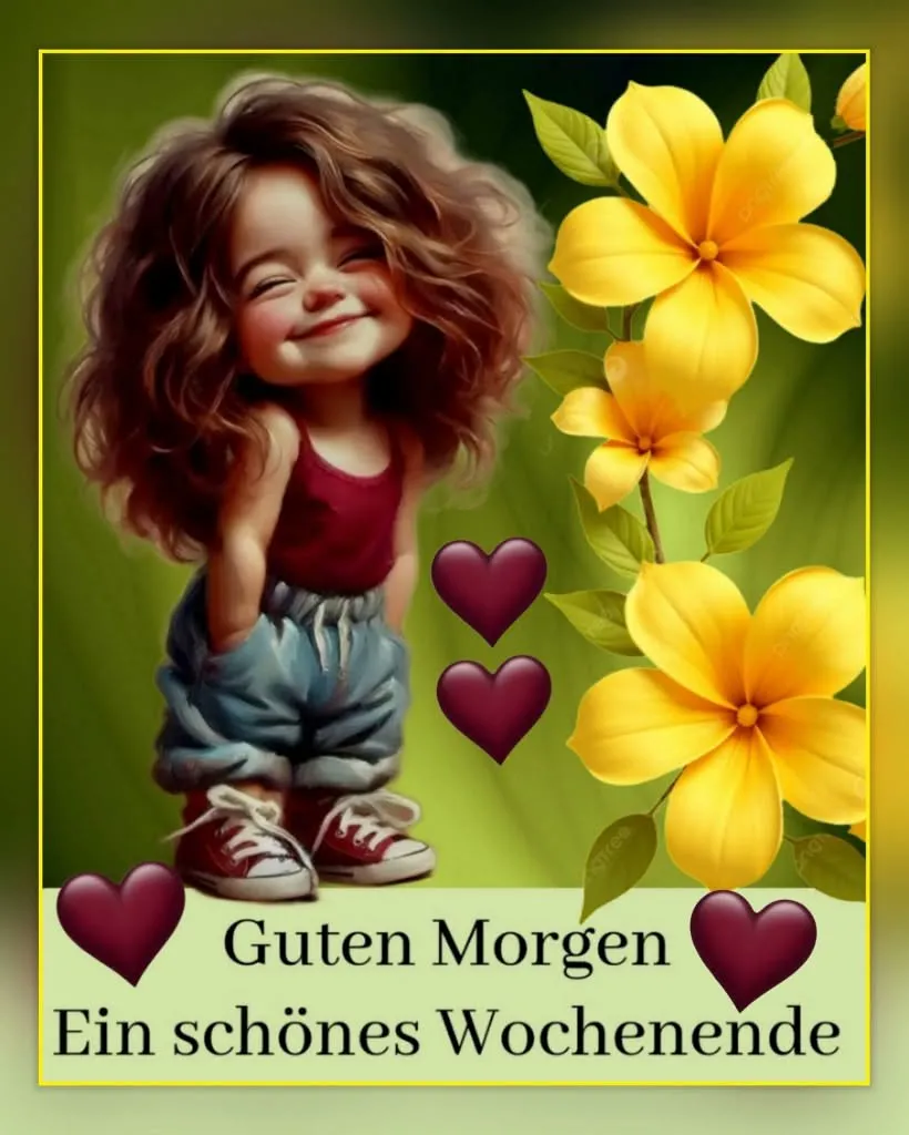Ein digitales Bild einer lächelnden jungen Dame mit langen, lockigen Haaren neben gelben Blüten und drei roten Herzen, vor einem grünen Hintergrund.