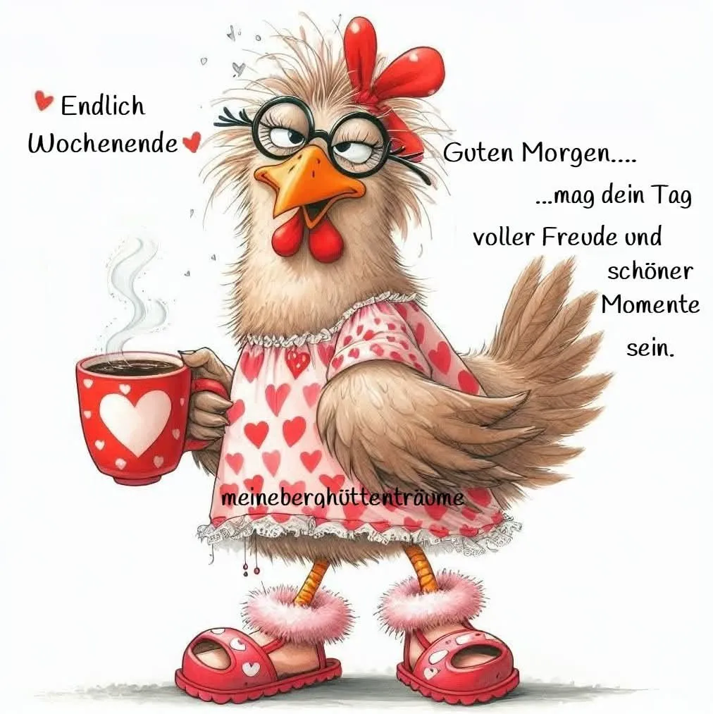 Ein Cartoon-Huhn mit rosa Kleid, roten Schuhen und einer Tasse Kaffee, umgeben von Herzen und Schmetterlingen.