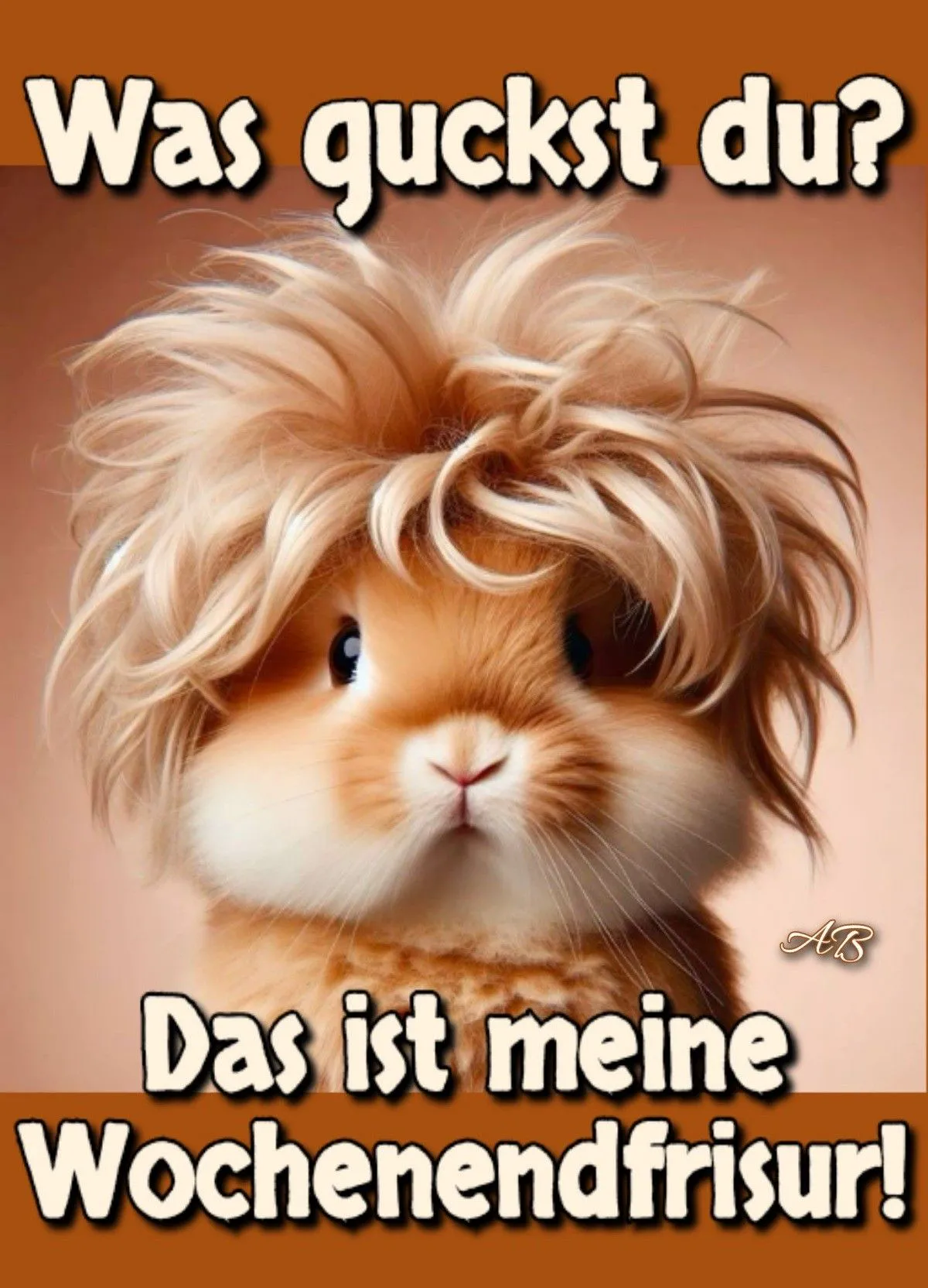 Ein niedliches, orange-braunes Hasenbild mit einer wilden, blonden Mähne und großen, schwarzen Augen. Der Hase sieht direkt in die Kamera. Die Stimmung ist humorvoll und einladend.
