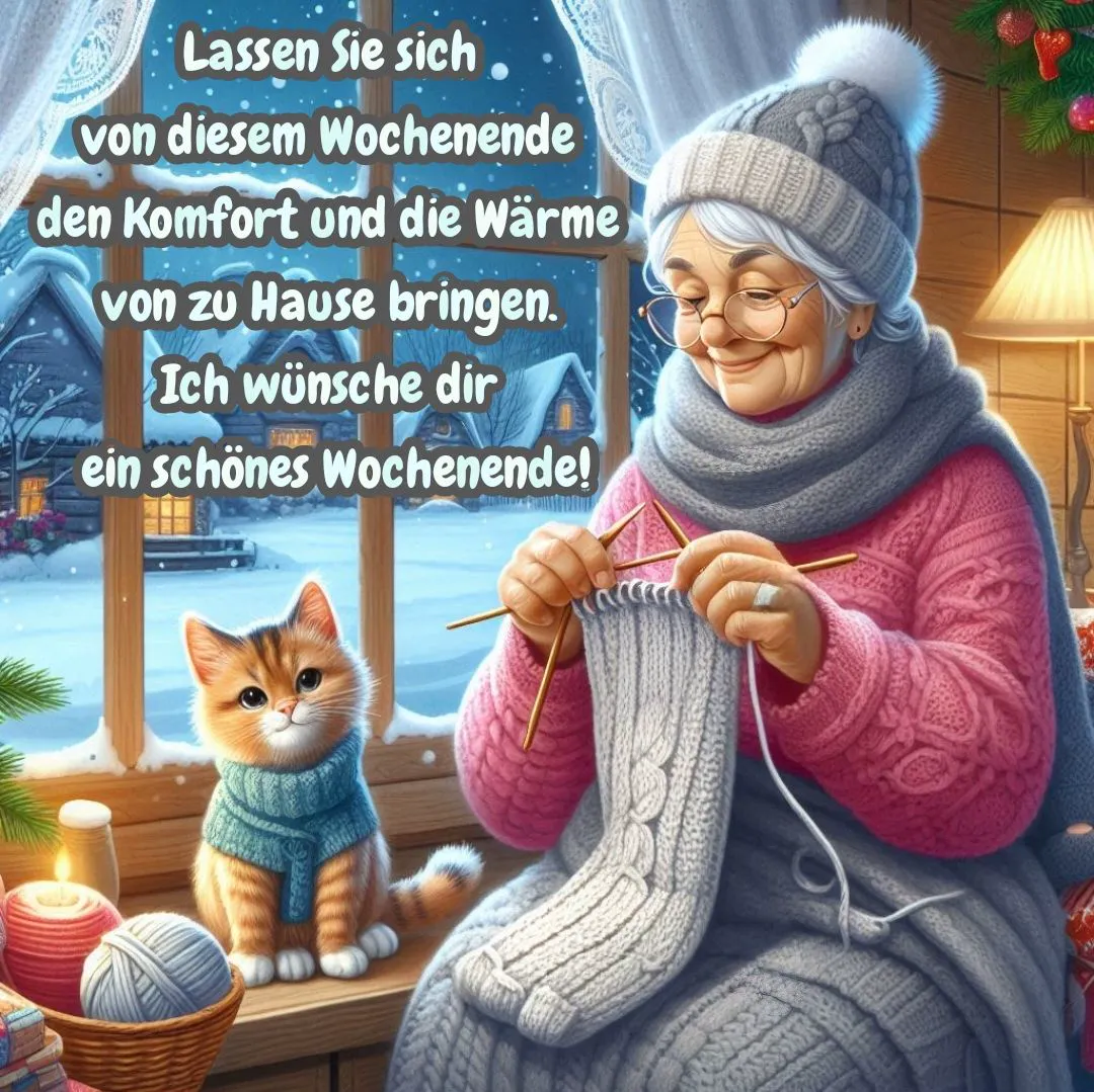 Eine lächelnde ältere Frau strickt gemütlich im Warmen. Ein süßes Kätzchen mit blauem Schal blickt vom Fenster, das eine verschneite Winterlandschaft mit beleuchteten Häusern zeigt. Stimmungsvolle Geborgenheit für ein schönes Wochenende.