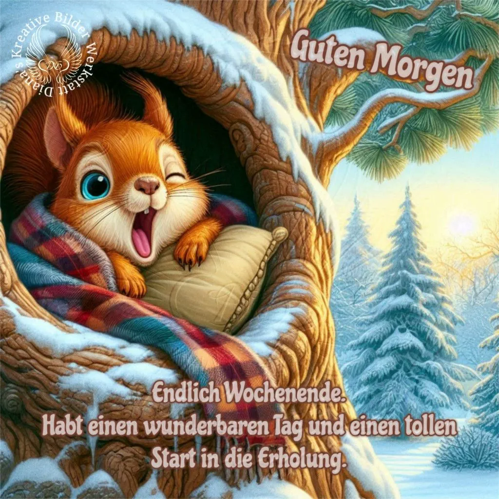 Ein verschlafenes, niedliches Eichhörnchen in einer Baumhöhle, eingekuschelt in einen bunten Schal auf einem Kissen, zwinkert fröhlich. Draußen glitzert eine idyllische, verschneite Winterlandschaft mit Tannenbäumen im hellen Morgenlicht.