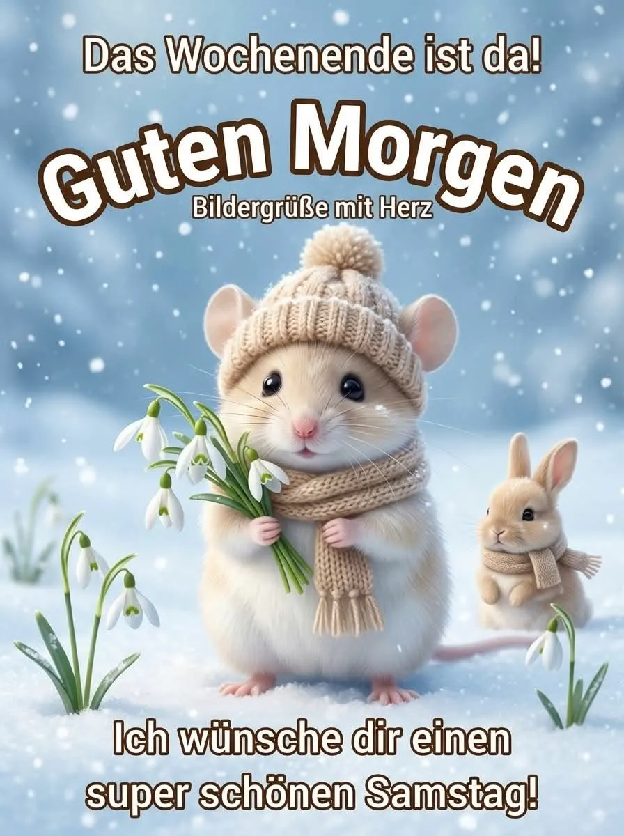 Ein niedlicher Hamster mit Strickmütze und Schal hält Schneeglöckchen im Schnee. Dahinter ein kleines Kaninchen mit Schal, leichte Schneeflocken fallen. Die winterliche Szene mit süßen Tieren verströmt Gemütlichkeit.