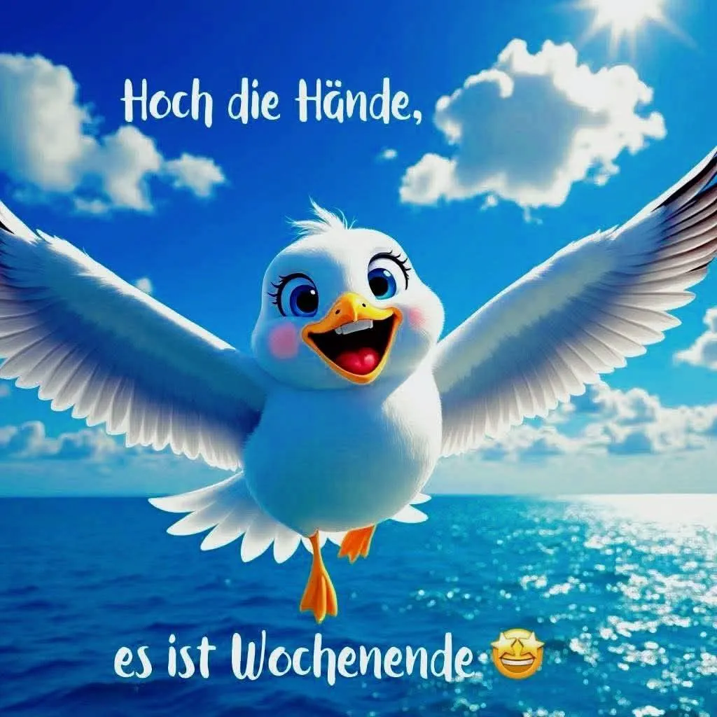 Glückliche Möwe feiert: Schönes Wochenende voller Heiterkeit!